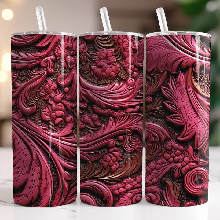 3D Pink Tooled Leather for wholesale by Triple D's Tumblers n More