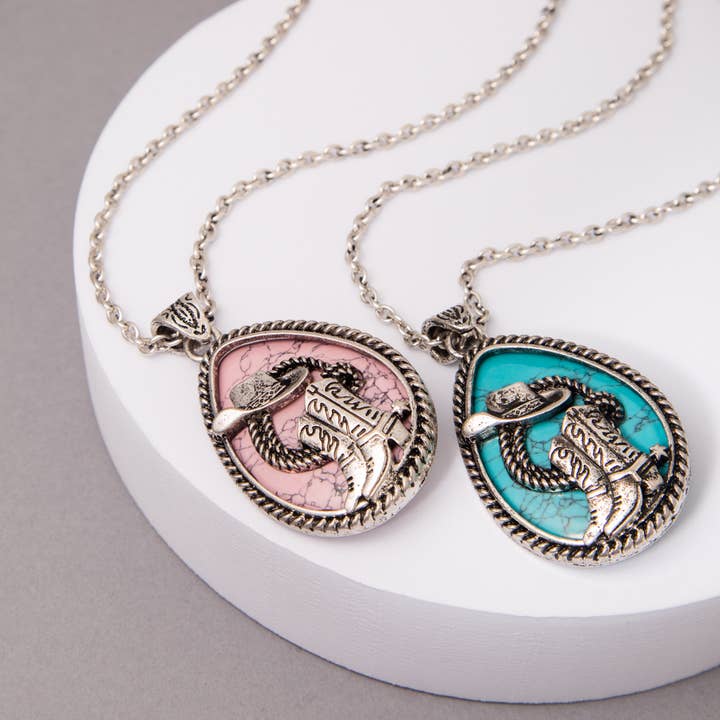SP Sophia Collection - Wholesale Pendant/Charm Necklace - Western Turquoise Hat & Boot Teardrop Pendant Necklace