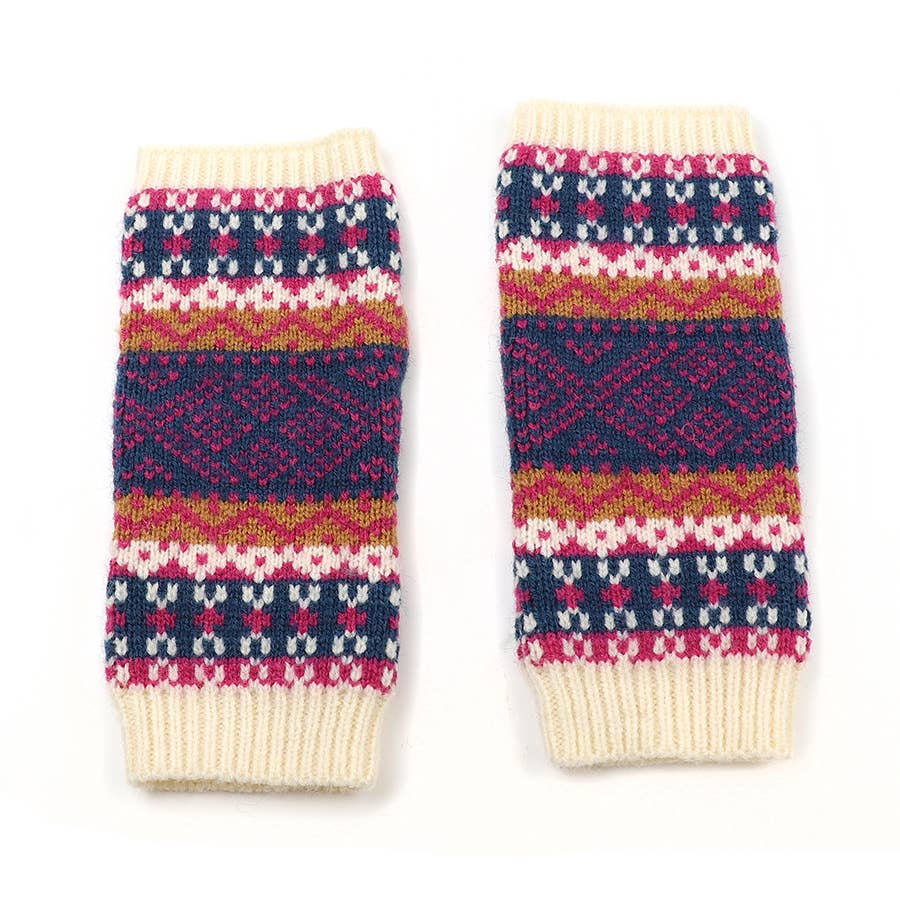 Peace Of Mind - Wholesale Gloves - Women's - Cream, Blue and Red Mix Fair Isle Wrist Warmers