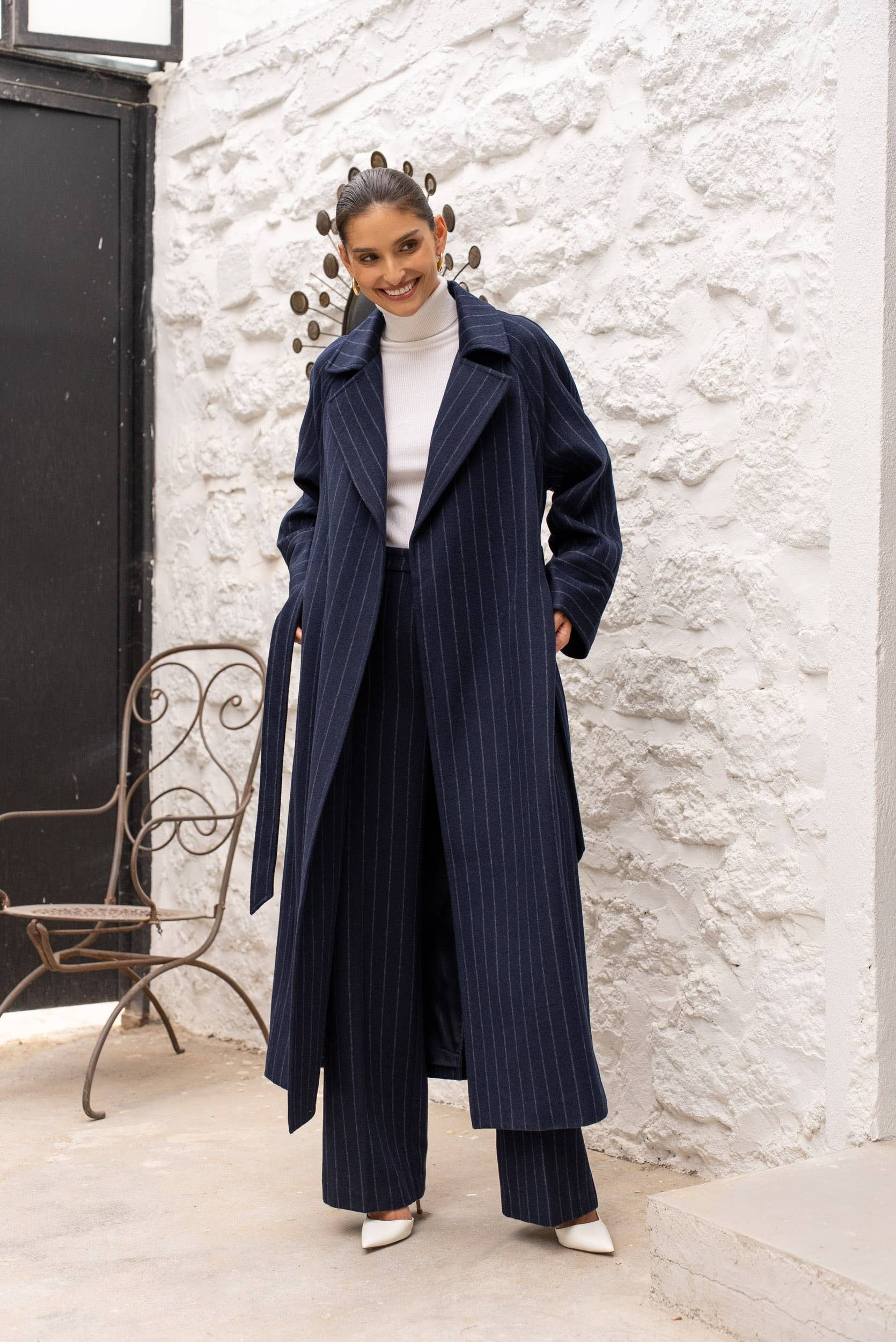 Attentif Paris - Wholesale Coat - Women's - Long coat in fine striped wool blend2