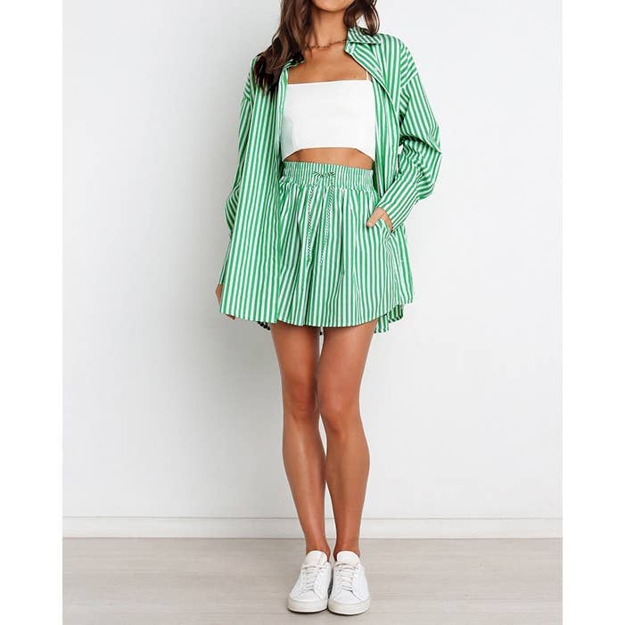 Mapcie - Wholesale Top & Pant Set (NOT Loungewear) - Women's - Striped Oversized Shirt and Drawstring Shorts Set12