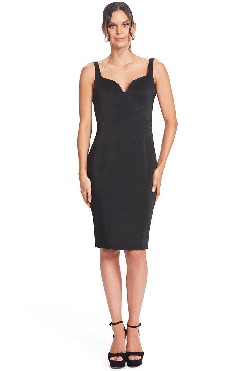 Homa Bow Back Dress: Satin sweetheart neck midi - black for wholesale on Faire9