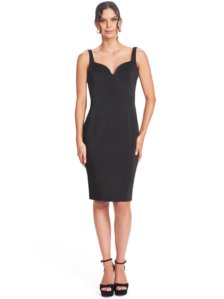 Homa Bow Back Dress: Satin sweetheart neck midi - black for wholesale on Faire9