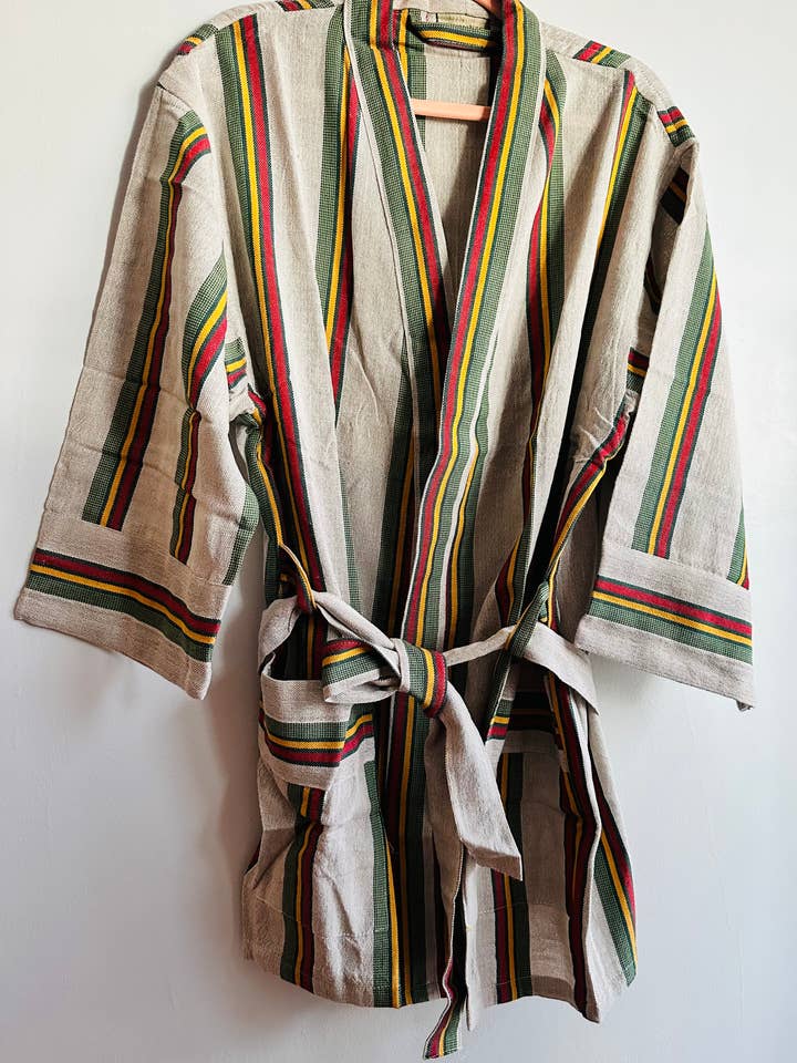 DesignsNYC - Wholesale Robe – Unisex - Hand-woven striped pattern bathrobe, loungewear, Green5