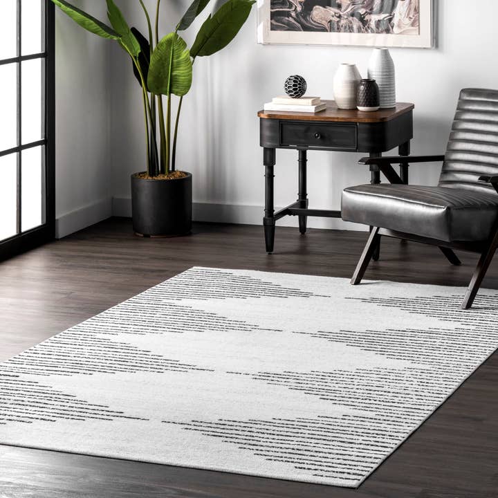 Ivory Romina Diamond Stripes Machine Washable Area Rug for wholesale on Faire