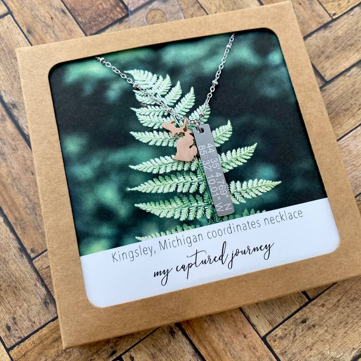 My Captured Journey - Wholesale Pendant/Charm Necklace - Custom Michigan Coordinates Vertical Bar Necklace - Name Drop