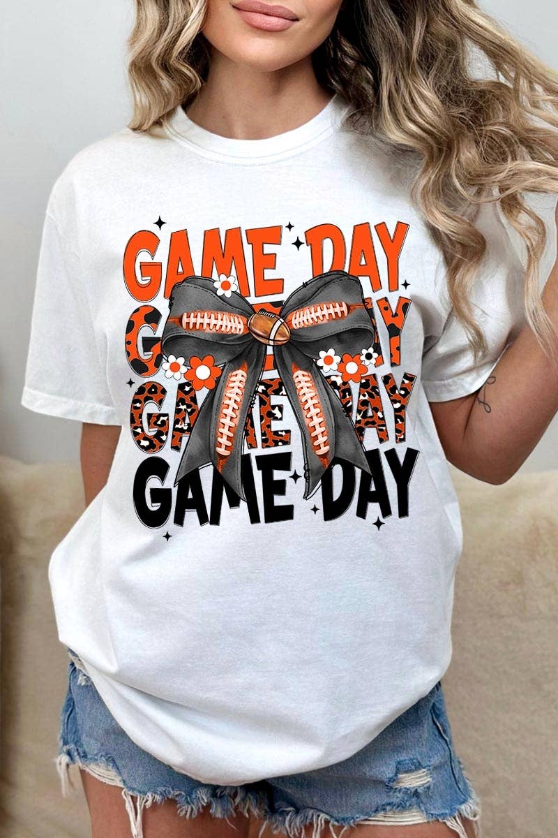 Pink Irene Wholesale – wholesale Tröjor – Dam – Orange Black Football GameDay Bow Plaggfärgad T-shirt1