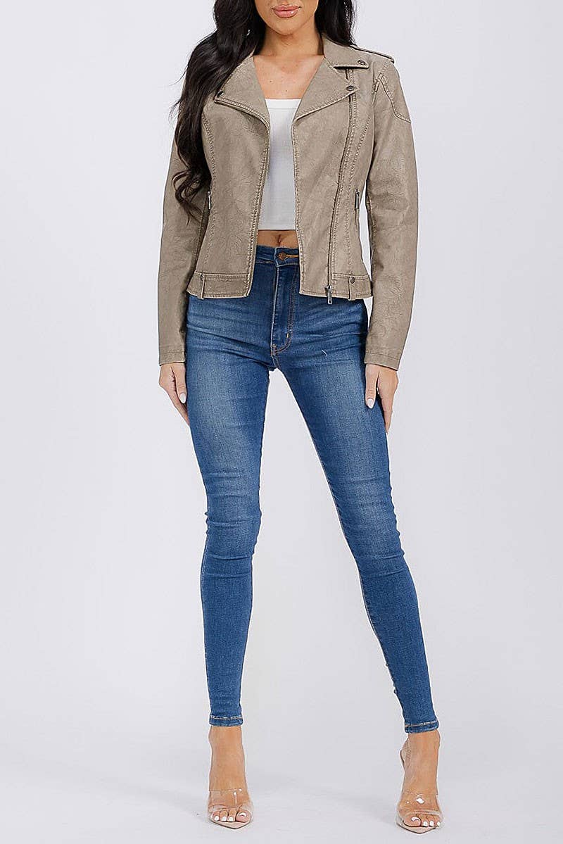 ROUSSEAU - Wholesale Leather Jacket - Women's - SOLID PU PLEATHER ZIP UP DRAPED MOTO JACKET4