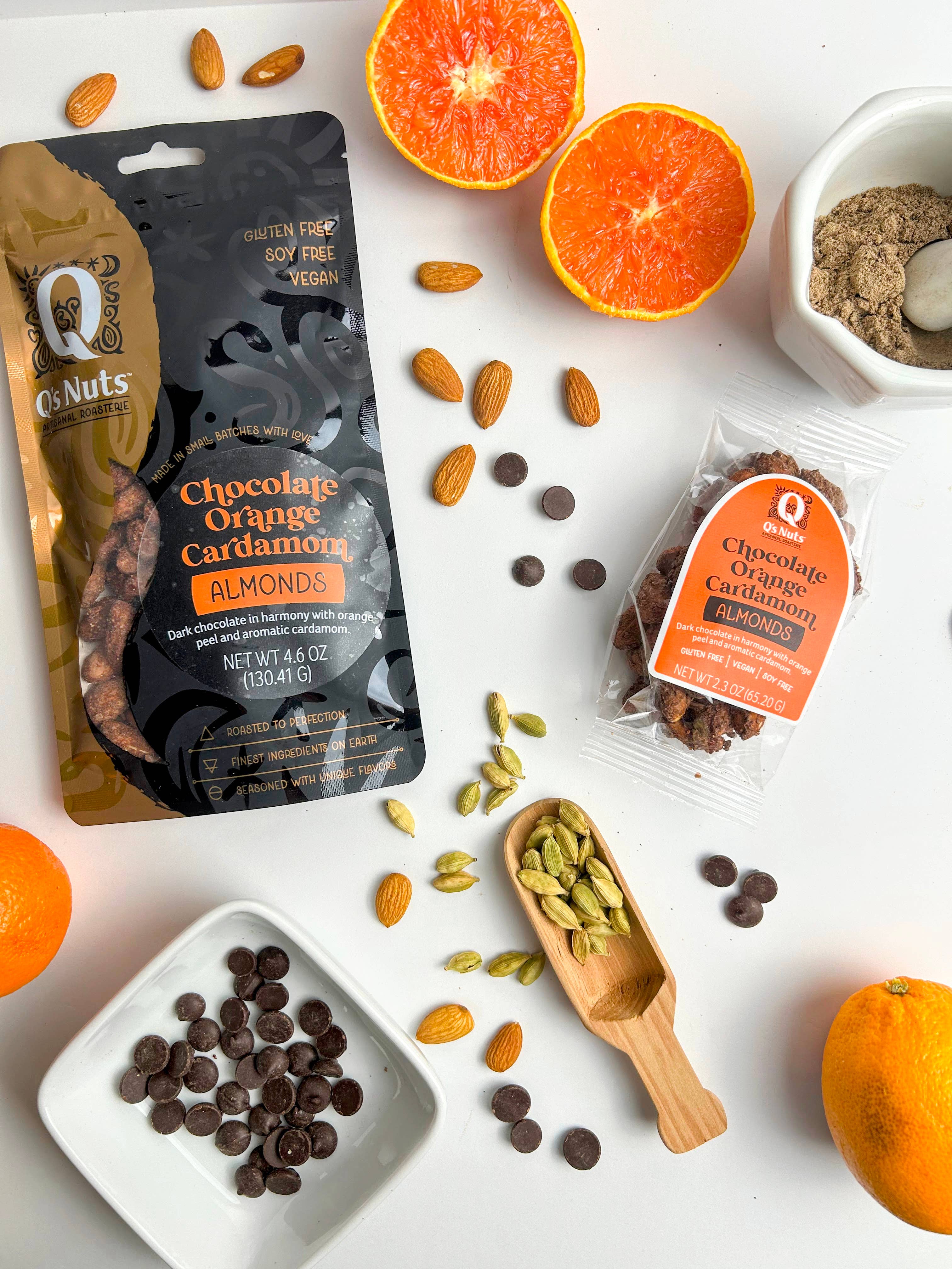 Q's Nuts, LLC - Wholesale Chocolate Covered Sweets - 2.3 oz Chocolate Orange Cardamom Almond2