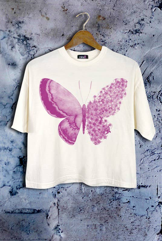 MINEB - Wholesale Screen Printed T-Shirt - Women's - Butterfly With Flowers Crop Top0