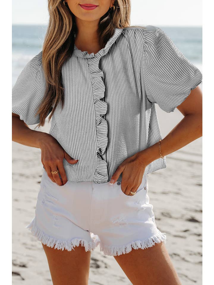 Aapparella - Wholesale Blouse - Women's - Texture Striped Ruffled Detail Shirt | S-XL