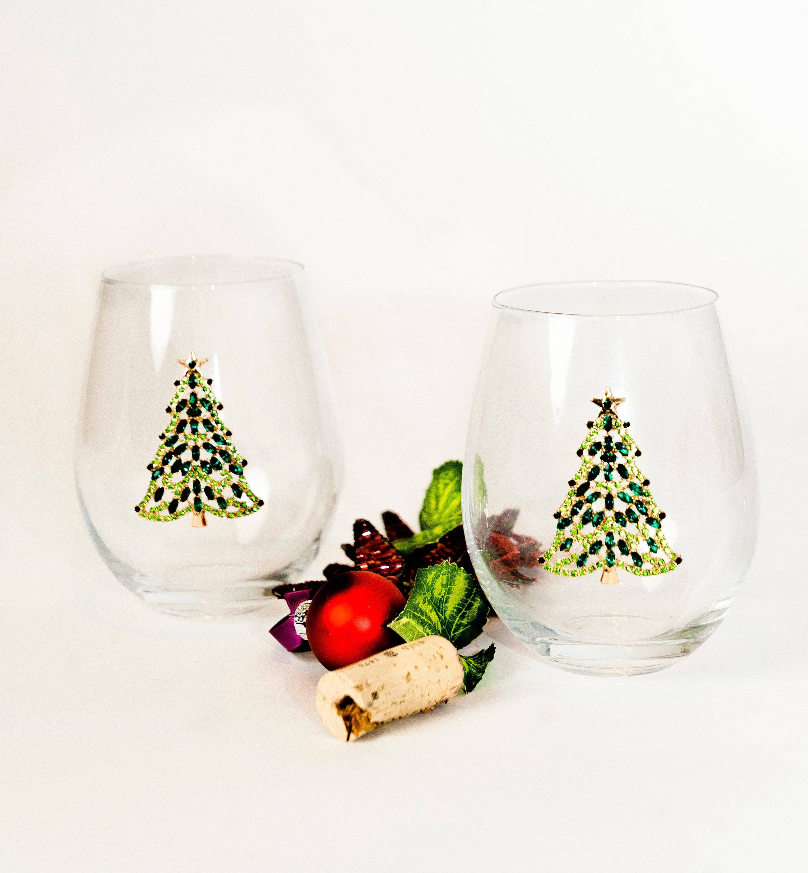 Jersey Art Glass - Wholesale Wine Glass - Bedazzled Christmas Tree Wine Glasses (Set of 2)2