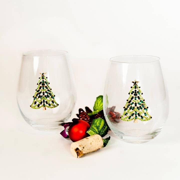 Jersey Art Glass - Wholesale Wine Glass - Bedazzled Christmas Tree Wine Glasses (Set of 2)2