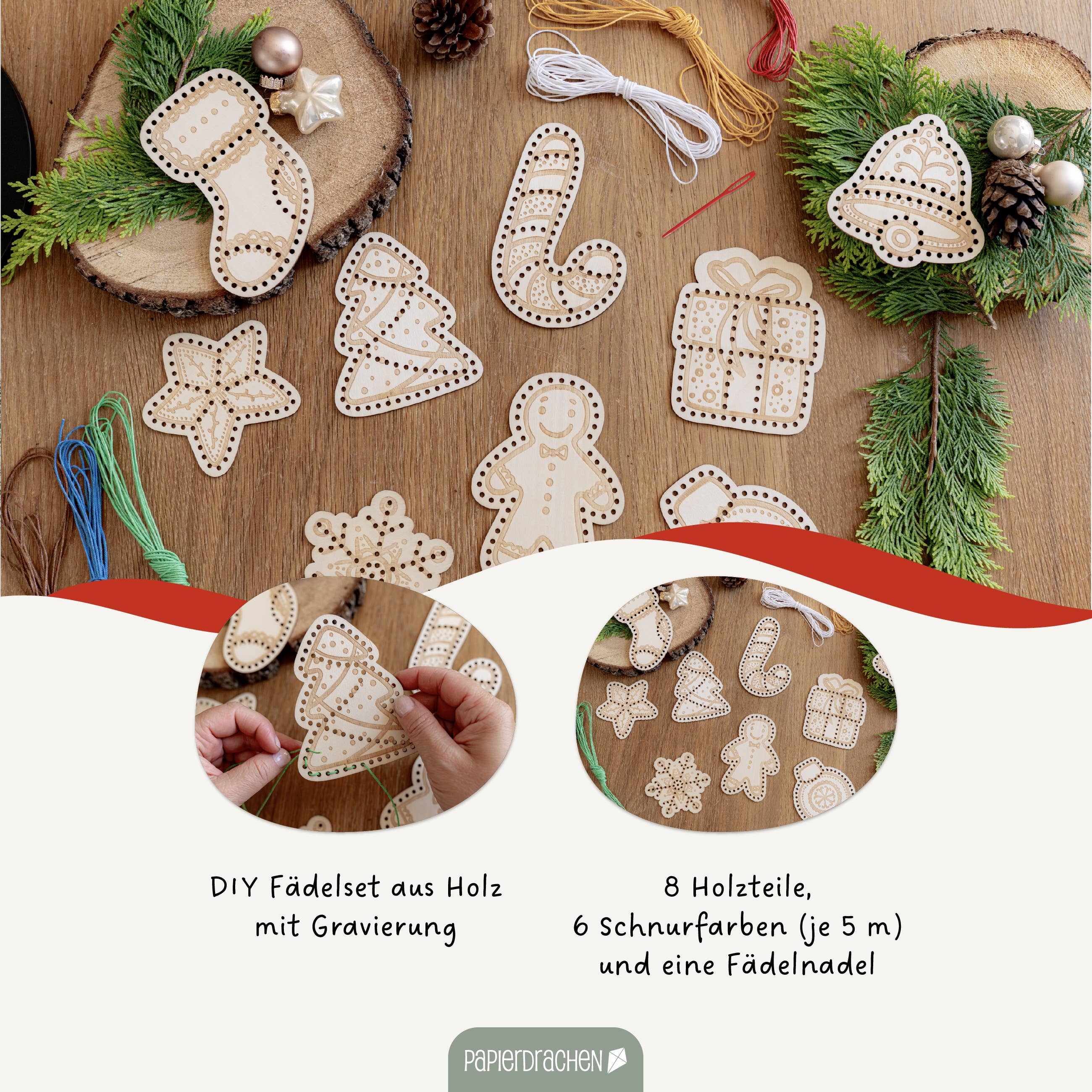 Papierdrachen - Wholesale Doe-het-zelf-knutselset - Houten rijgset kerst - Set 011