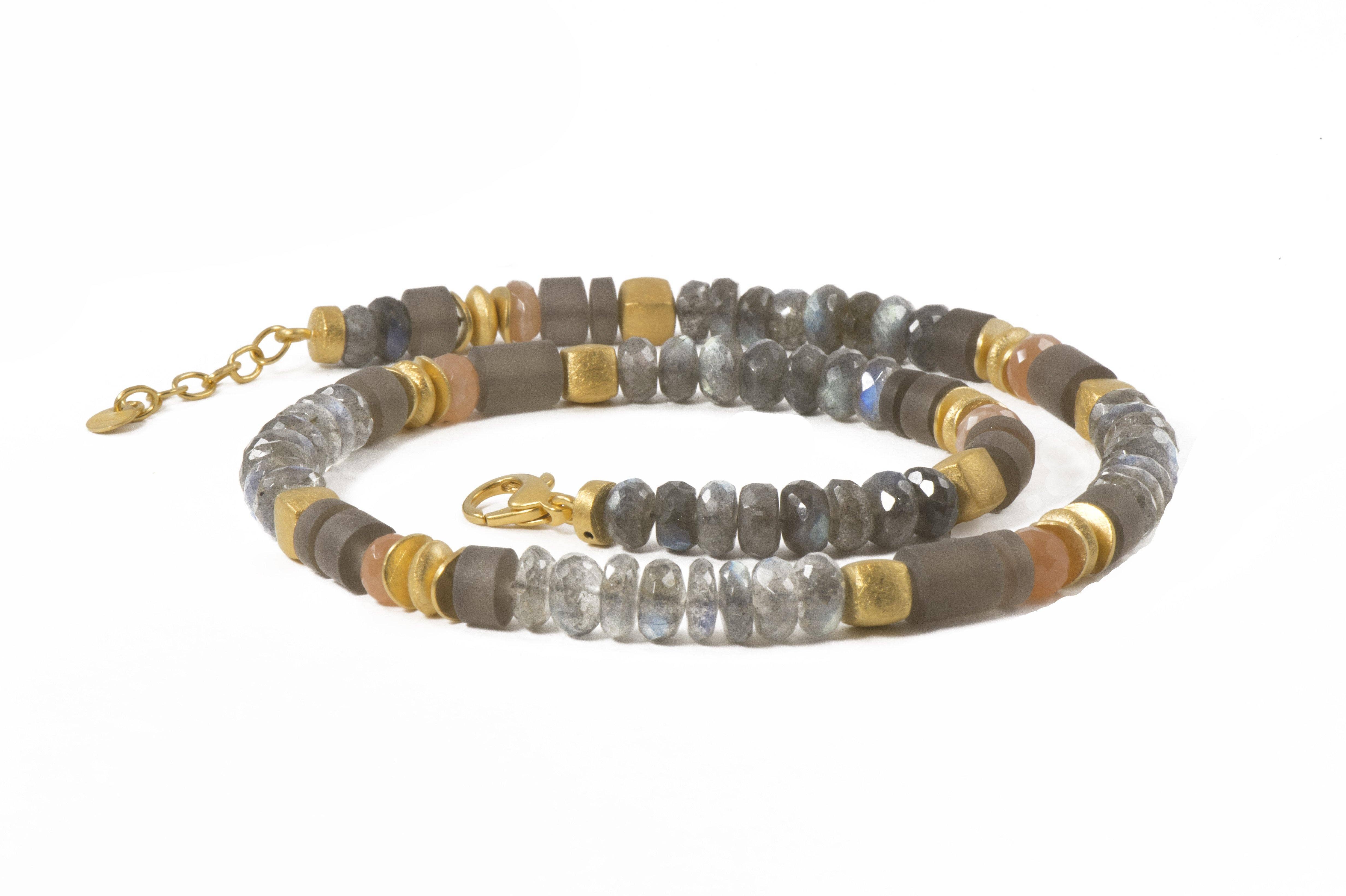 Joyla Jewelry - Wholesale Beaded/Pearl Necklace - Labradorite, Peach Moonstone and Smoky Quartz Necklace 8mm 24K Fair Trade Gold Vermeil2