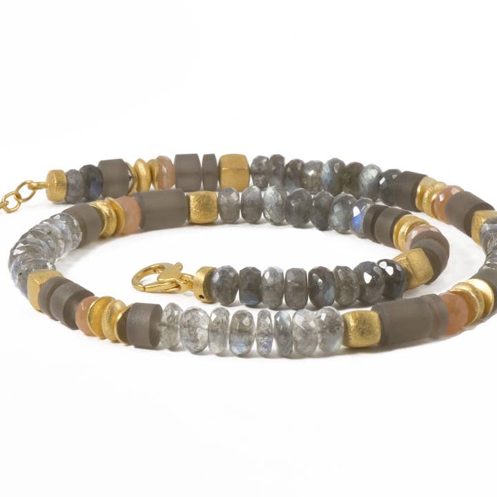 Joyla Jewelry - Wholesale Beaded/Pearl Necklace - Labradorite, Peach Moonstone and Smoky Quartz Necklace 8mm 24K Fair Trade Gold Vermeil2