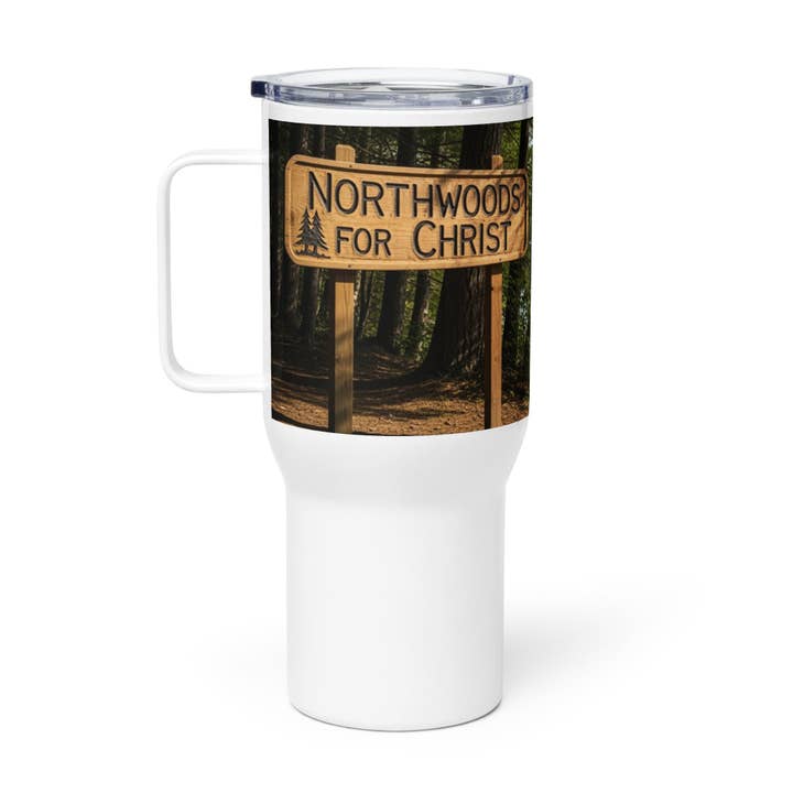 Northwoods For Christ Travel mug with a handle for wholesale by Grow Your Faith