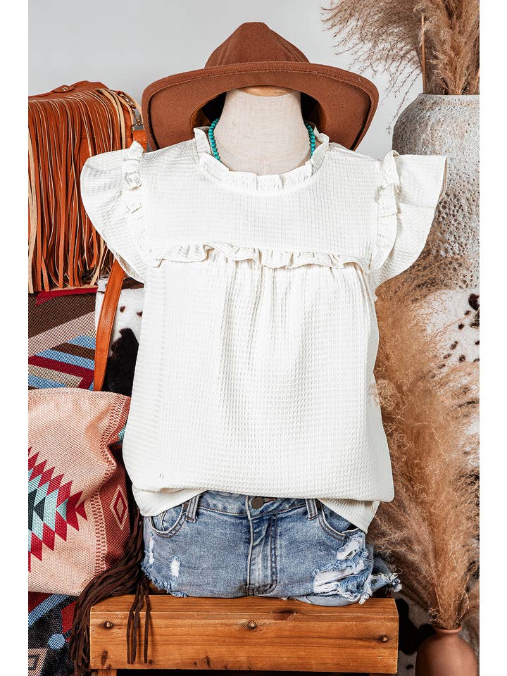 White Fashion-W Ruffle Trim Waffle Knit Blouse for wholesale on Faire0