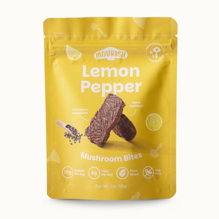 Lemon Pepper Mushroom Bites for wholesale by Mourish - Mindful Mushroom Jerky