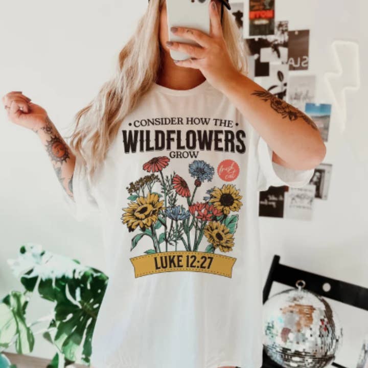 Consider How the Wildflowers Grow Bible Verse Graphic Tee for wholesale by Sam & Seb Co.