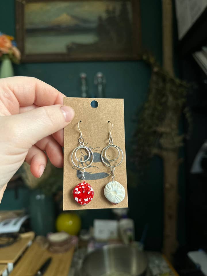 Amanita Muscaria Mushroom Cap Earrings for wholesale by Courting the Wild
