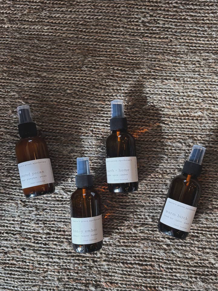 Linen + Room Spray 4 oz Glass Amber Bottle (seasonal) for wholesale by Marie’s Green Apothecary