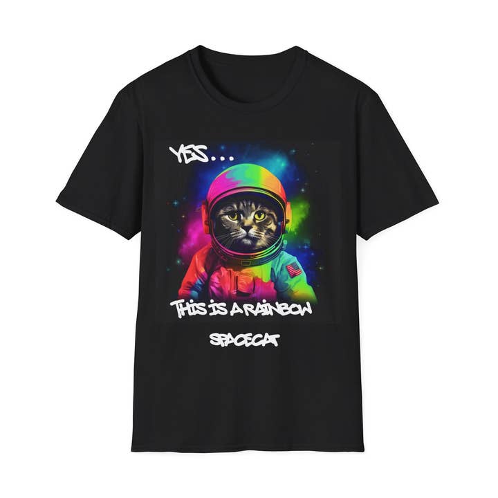 Rainbow Space Cat T-shirt: Cats, Space, and Sarcasm for wholesale by Quixotic Caverns Trading Company