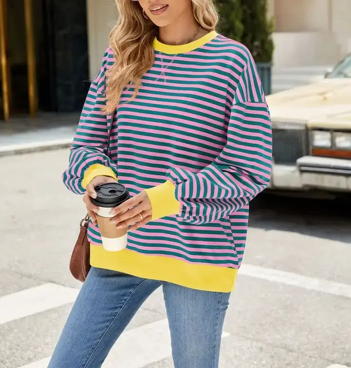 Lovesoft - Wholesale Knit Sweater - Women's - Striped Crew Neck Contrast Color Loose Long Sleeve Sweater9