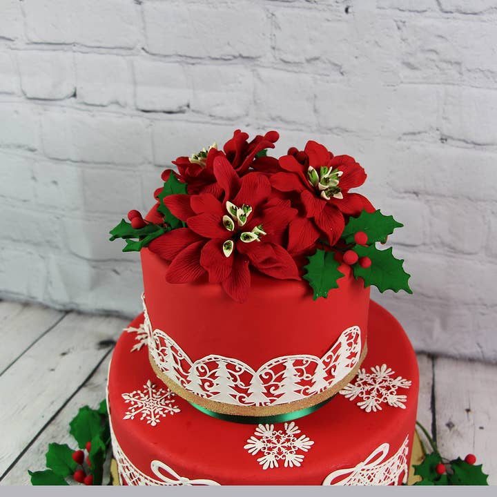 Global Sugar Art - Wholesale Cake/cupcake topper - Poinsettia Sugar Flower & Holly Leaf Spray Kit for Cakes, by Global Sugar Art, Small with Berries5