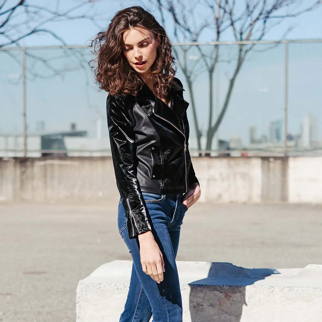 Clara Sunwoo - Wholesale Leather Jacket - Women's - JK225H -Vinyl, Liquid Leather ™ Panel Zip Cuff Pocket Jacket2