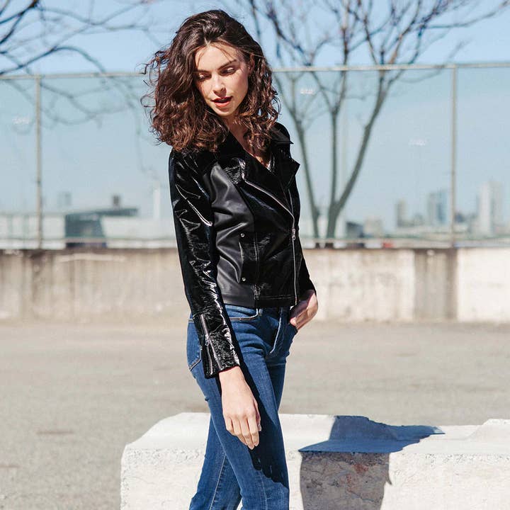 Clara Sunwoo - Wholesale Leather Jacket - Women's - JK225H -Vinyl, Liquid Leather ™ Panel Zip Cuff Pocket Jacket2