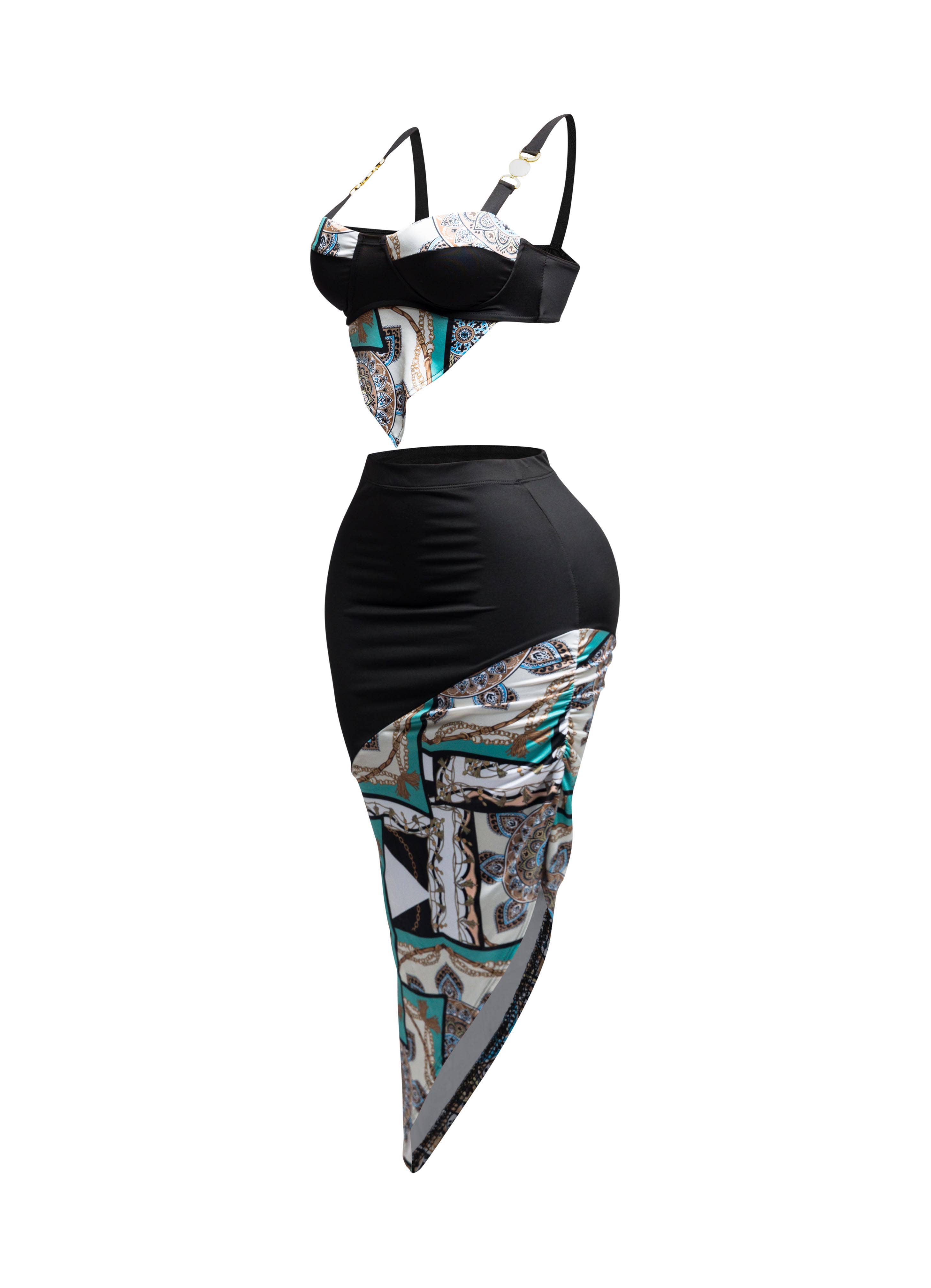 BLACK COMBO Contrast fabric top and asymmetrical skirt for wholesale on Faire3