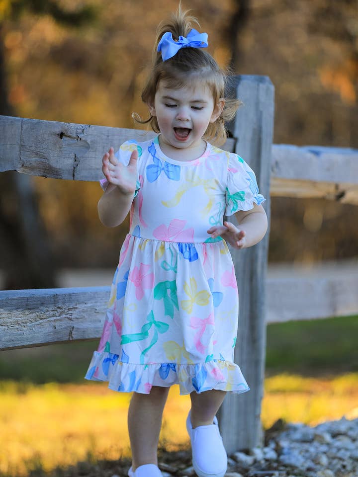 Easter Colorful Bow Print Puff Sleeves Girls Dress for wholesale by Rylee Faith Designs