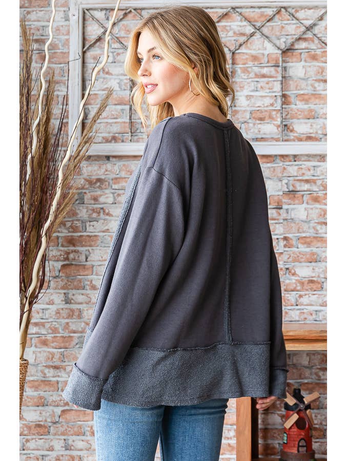 7th Ray - Wholesale Knit Top - Women's - Cotton Blend Raw Edge Hi Low Long Sleeve Top T5276XL