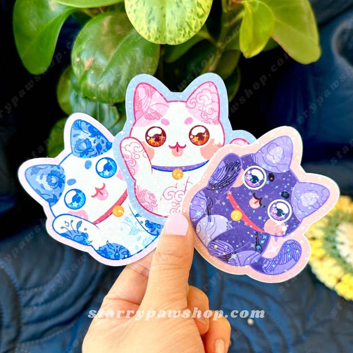 Starry Paw Shop - Wholesale Sticker - Lucky Cat Porcelain Sticker 3" Sparkly Holo water resistant6