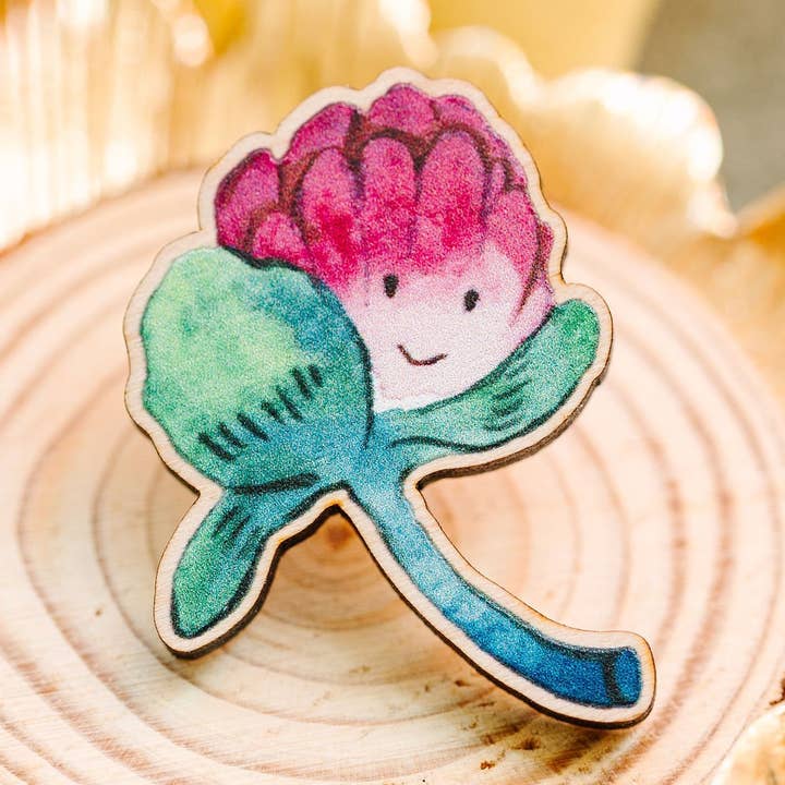 Little Red Clover - 1.5" Wooden Pin for wholesale by Cottonbook