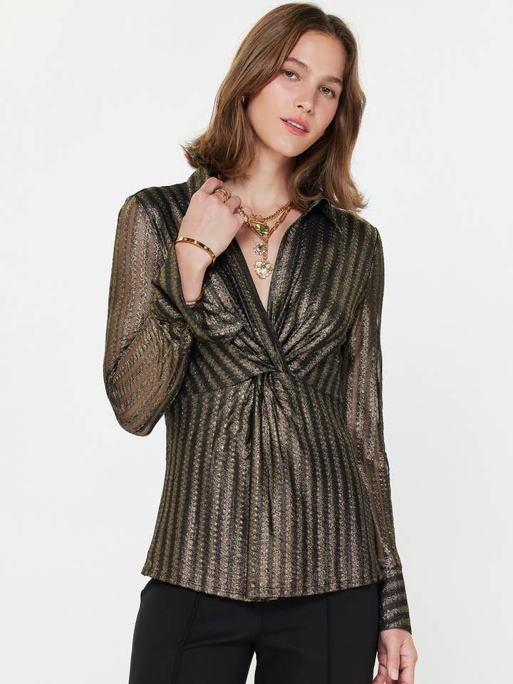 Metallic Striped Twist-Front Blouse for wholesale by Current Air