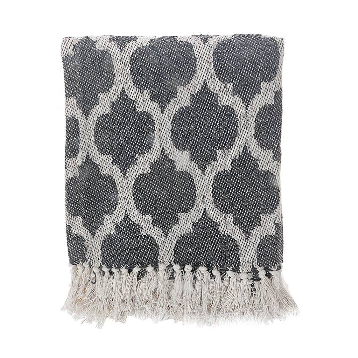 Moroccan Tile Cotton Throw With Fringe Black 50"X60" for wholesale by IH Casa Decor