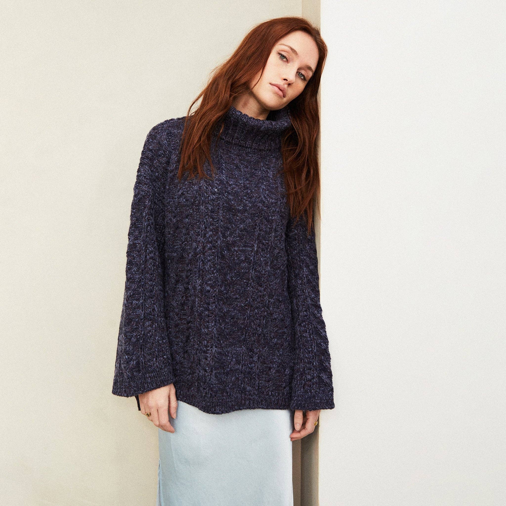 Cara & The Sky - Wholesale Knit Sweater - Women's - Emily Cable Roll Neck Tunic Jumper - Navy Blue8