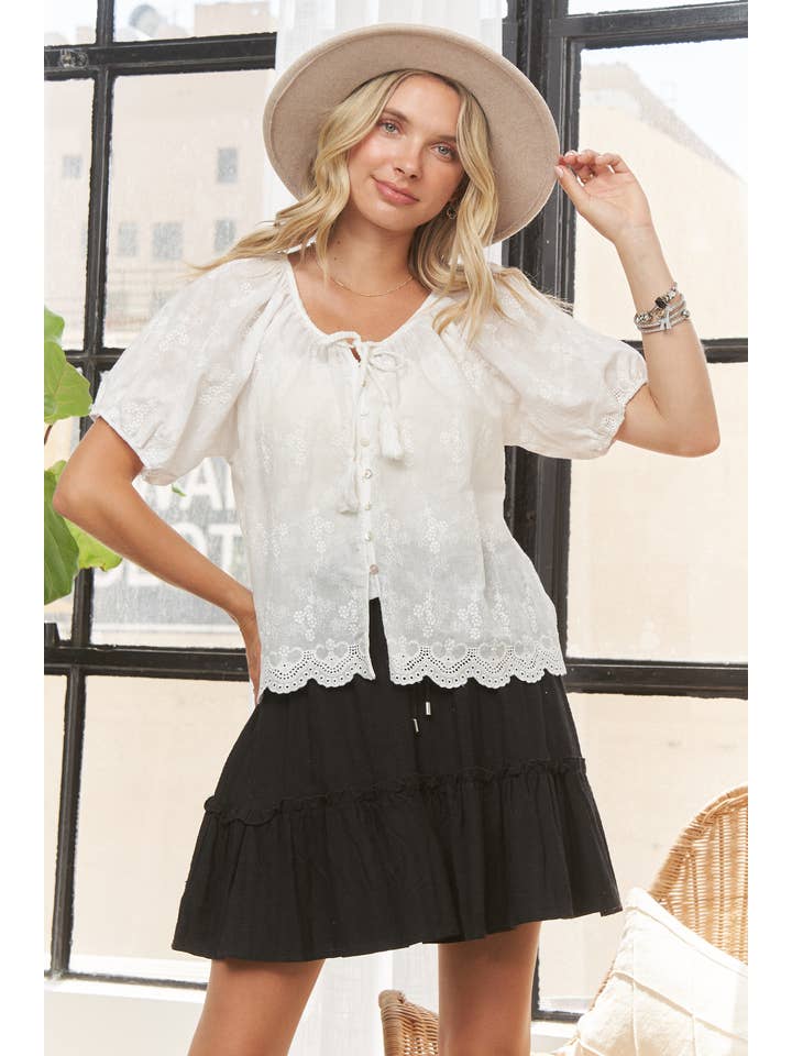 Madelyn - Wholesale Blouse - Women's - LET3893-SHORT SLEEVES TOP WITH SCALLOPED TRIM