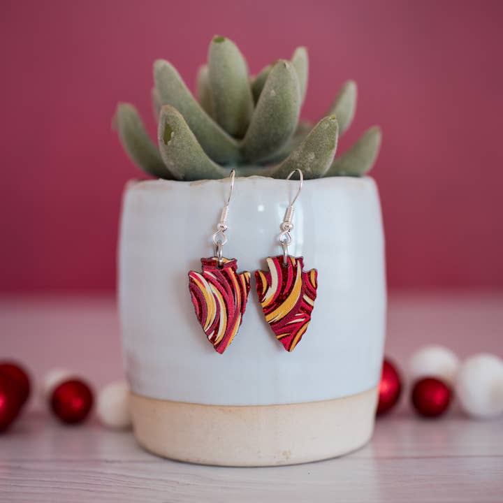 Stellar Gifts & Goods Wholesale - Wholesale Dangle Earrings - KC Football - Petite Glitter Swirl Arrowhead Dangles Red Gol1