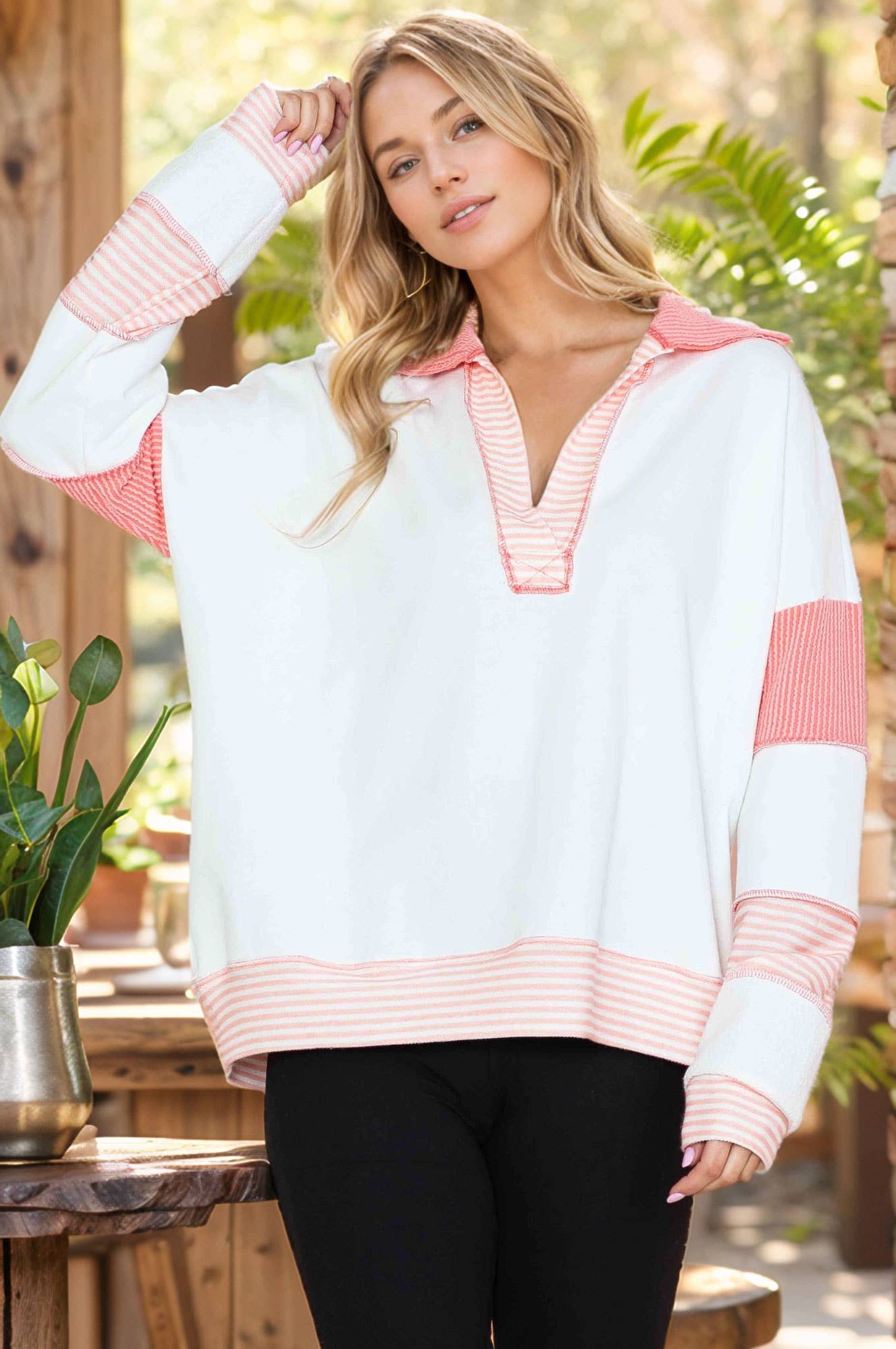 Burgundy Apparel - Wholesale Tunic - Women's - SOLID LOOSE FIT TOP WITH STRIPE CONTRAST12