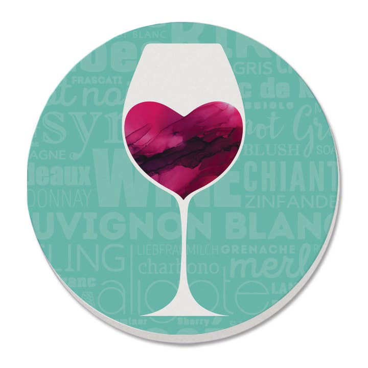 Einzelner runder, saugfähiger Steinuntersetzer „Weinglas Herz“ für den Großhandel von CounterArt/Highland Home/Thirstystone