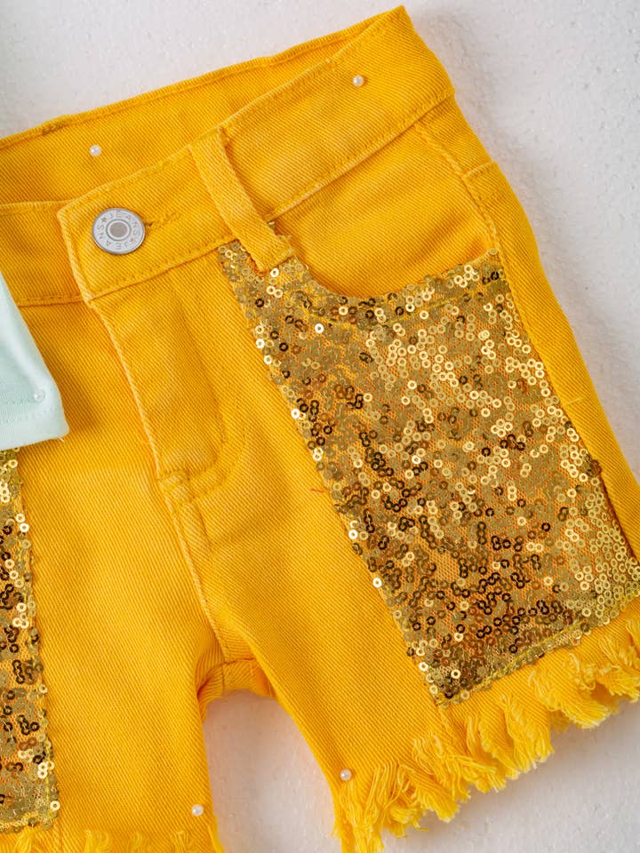 littleoneusa - Vendita all'ingrosso Completo top e pantaloncini - Bambini - Completo in Denim per Ragazza con Paillettes a Girasole Giallo3