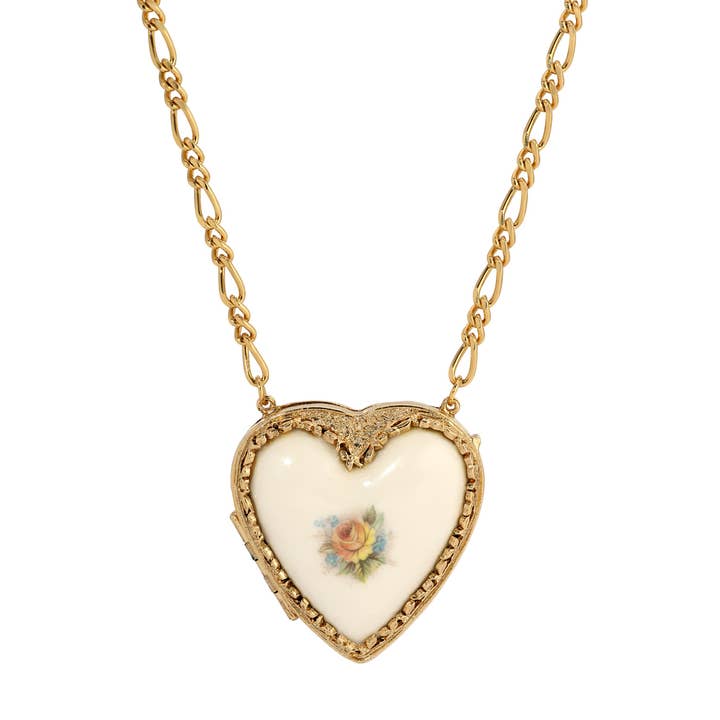 1928 Jewelry Porcelain Heart Rose Motif Pendant Photo Locket Necklace 32" for wholesale by 1928 Jewelry