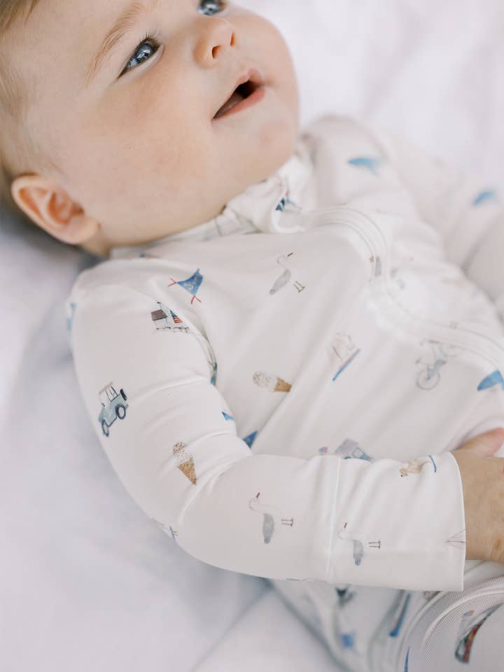 Zip Footie in Nantucket Summer for wholesale by Tiny Tuckets