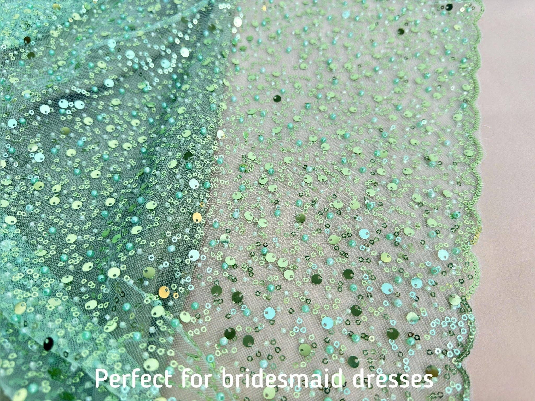 GalaTextile - Wholesale Craft Supplies - Sage Green Beaded Lace Fabric by Yard | Embroidered with Pearls & Sequins Mesh | Bridal Dresses, Gowns, Veils, Table Decor7