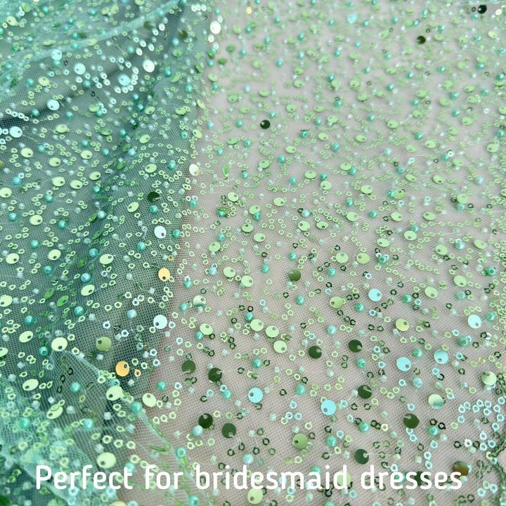 GalaTextile - Wholesale Craft supplies - Sage Green Beaded Lace Fabric by Yard | Embroidered with Pearls & Sequins Mesh | Bridal Dresses, Gowns, Veils, Table Decor7
