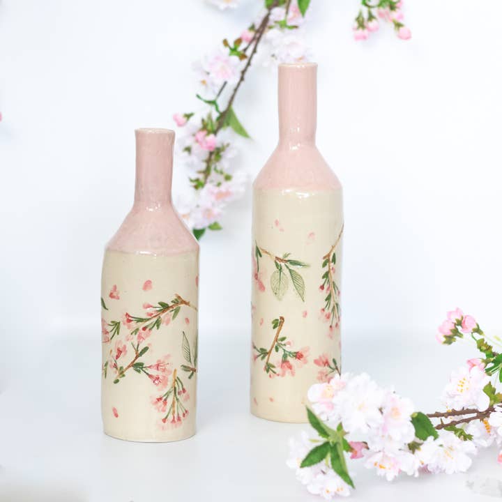 Pink Handmade Bottle Vessel with Pressed Cherry Blossoms for wholesale by Tara Kothari