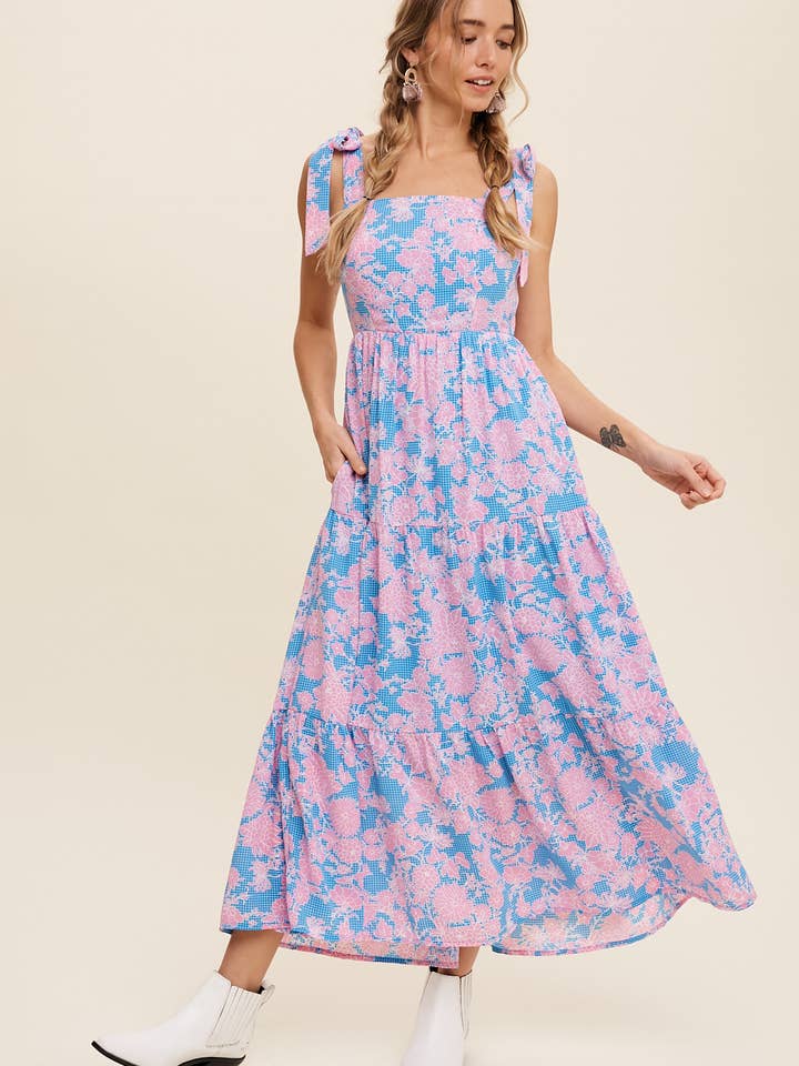 Vestido longo maxi de camadas com estampa floral e xadrez vichy por atacado de Listicle